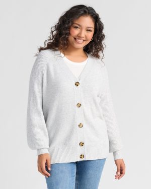 Plus Size Blouson Sleeve V-Neck Cardigan