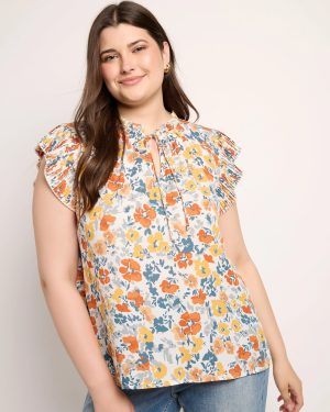 Plus Size Pleated Sleeve WithTie Floral Top