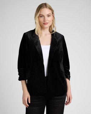 Plus Size Ruched Sleeve Velvet Blazer