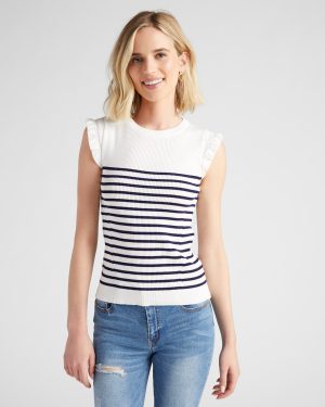 Ruffle Sleeve Ribbed Striped Top