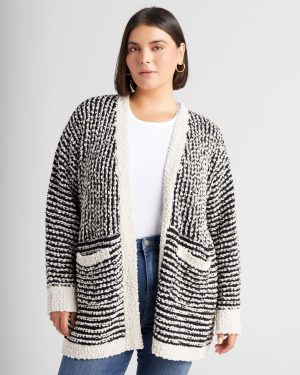 Plus Size Mini Stripe Two Pocket Cardigan