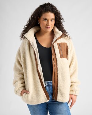 Plus Size Sherpa Jacket WithCorduroy Pocket