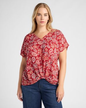 Plus Size Floral Woven Short Sleeve Twist Front Top