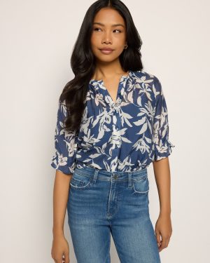 Floral Ruffle Neck Button Up Top