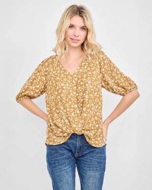 Floral Woven Short Sleeve Twist Front Top