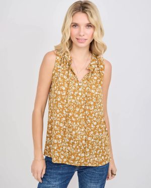 Sleeveless Floral Woven Top With Neck Tie