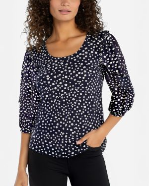 Floral Scoop Neck Top With Ruffle Sleeve