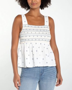 Embroidered Smocked Woven Top