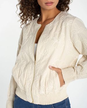 Embroidered Collarless Zip Front