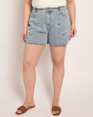 Plus Size Heart Embroidered Frayed Denim Shorts