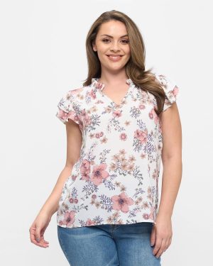 Plus Size Floral Woven Flutter Sleeve Top