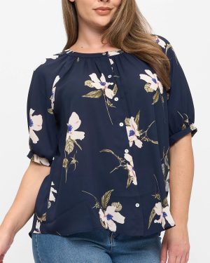 Plus Size Floral Woven Short Sleeve Button Front Top