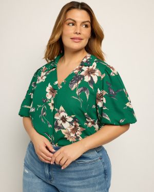Plus Size Floral Woven Puff Sleeve Collared Top