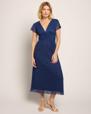 Deep V Pindot Midi Dress